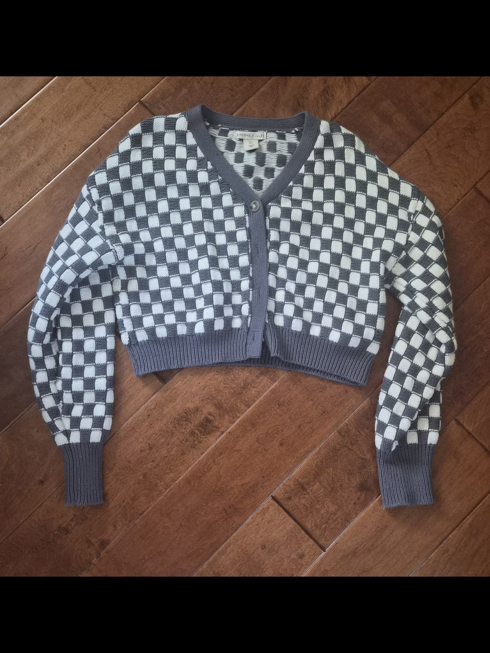 Sincerely Jules Gray & White Checkerboard Cropped Cardigan